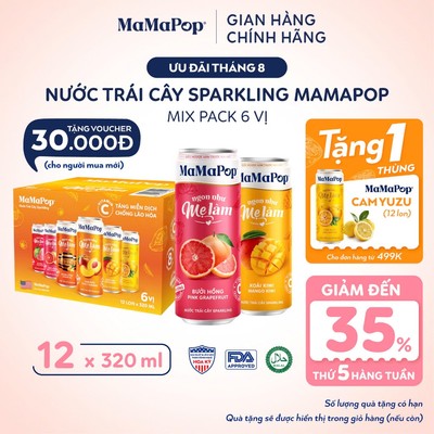 Thùng 12 Lon Nước Trái Cây Có Gas MaMaPop Mix 6 Vị 320ml ÍT ĐƯỜNG Từ Trái Cây Nguyên Chất, Bổ Sung VITAMIN C Và KOMBUCHA