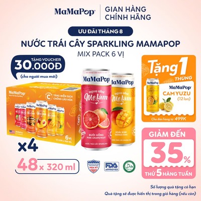 Combo 4 Thùng Nước Trái Cây Có Gas MaMaPop Mix 6 Vị (48 Lon x 320ml) ÍT ĐƯỜNG Từ Trái Cây Nguyên Chất Bổ Sung VITAMIN C
