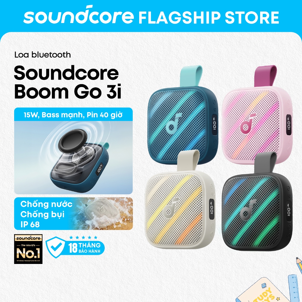 Loa bluetooth soundcore Boom Go 3i – 15W bass mạnh, pin 40H, chống nước và bụi IP68