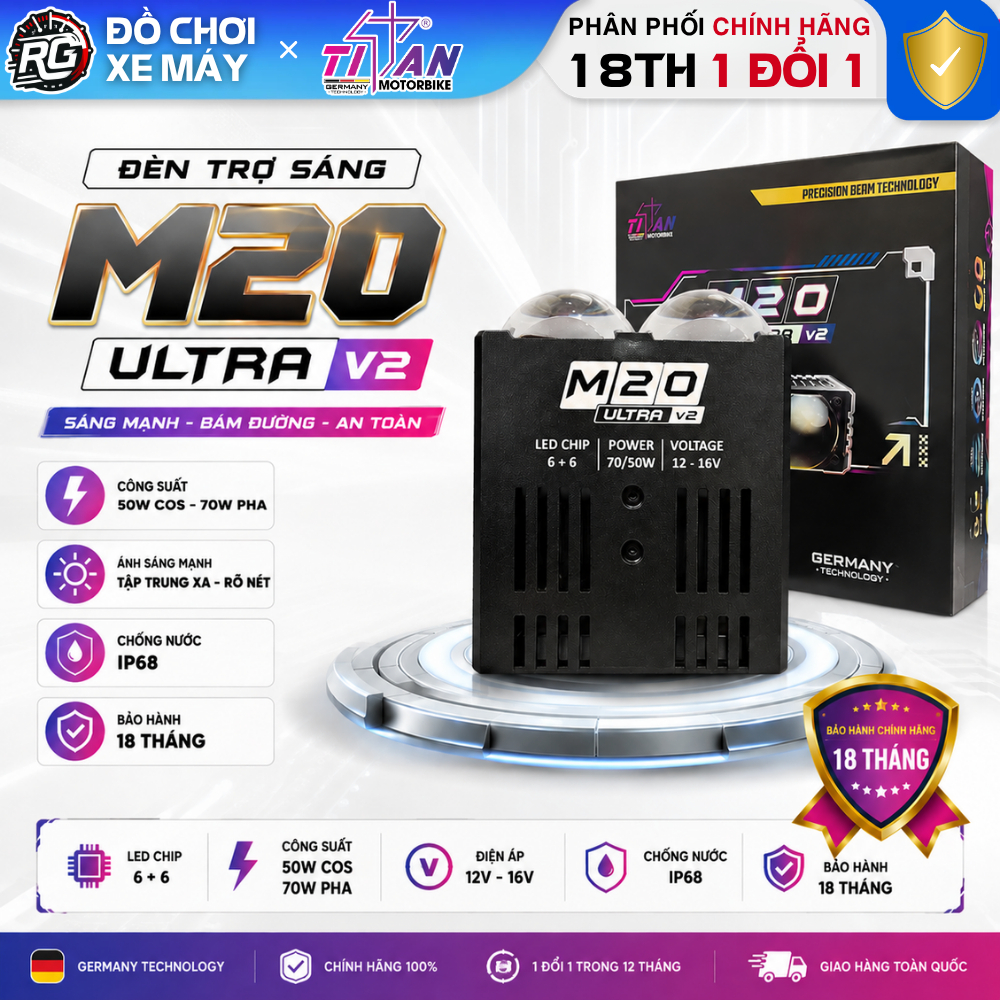 TITAN M20 Ultra V2 New - Đèn Trợ Sáng Bi Cầu M20 Ultra 2026 Công Suất 70W Chống Nước IP68 BH18 Tháng