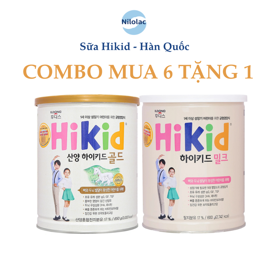 Combo mua 6 tặng 1 Sữa bột Hikid Hàn Quốc đủ loại Hikid bò vani / Hikid dê / Hikid Premium 600g (1 -