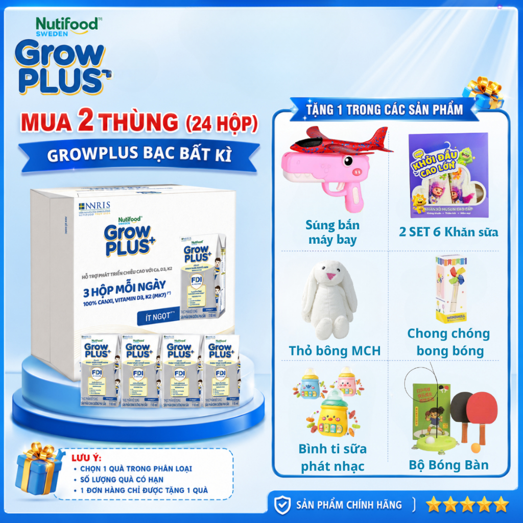 [Combo 2 thùng] Sữa Bột Pha Sẵn Nutifood Sweden Grow Plus Cao lớn vượt trội 110ml/180ml MECAHEO ( 24 hộp/thùng)