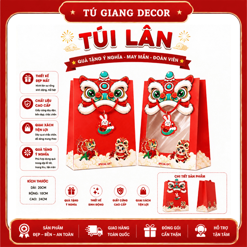 Túi Lân Đựng Quà Trung Thu Hộp Giấy Hình Đầu Lân Có Quai Xách Túi Quà Bánh Kẹo Quà Tặng