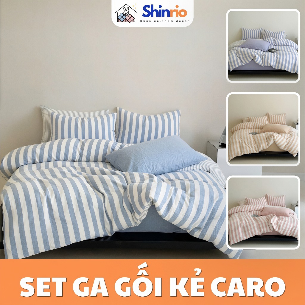 Set chăn ga gối cotton đũi kẻ sọc basic, bộ chăn ga đũi kẻ sọc 4 món mềm mại Shinrio Bedding