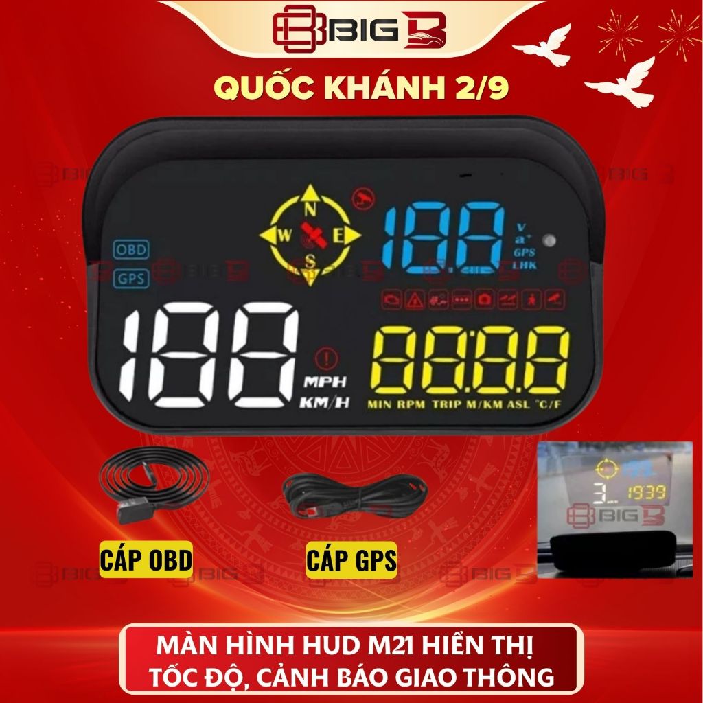 Màn Hình Hắt Kính HUD M7 / M21 Hiển Thị Tốc Độ Cảnh Báo Giao Thông Giọng Tiếng Việt Cắm Cổng OBD2 + 