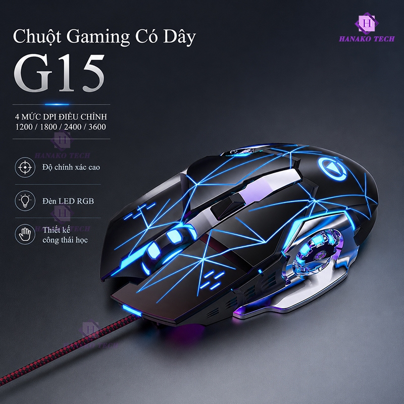 Chuột Có Dây Gaming Độ Bền Cao Tích Hợp LED Đổi Màu DPI 3200 Chơi Game Mượt - G15