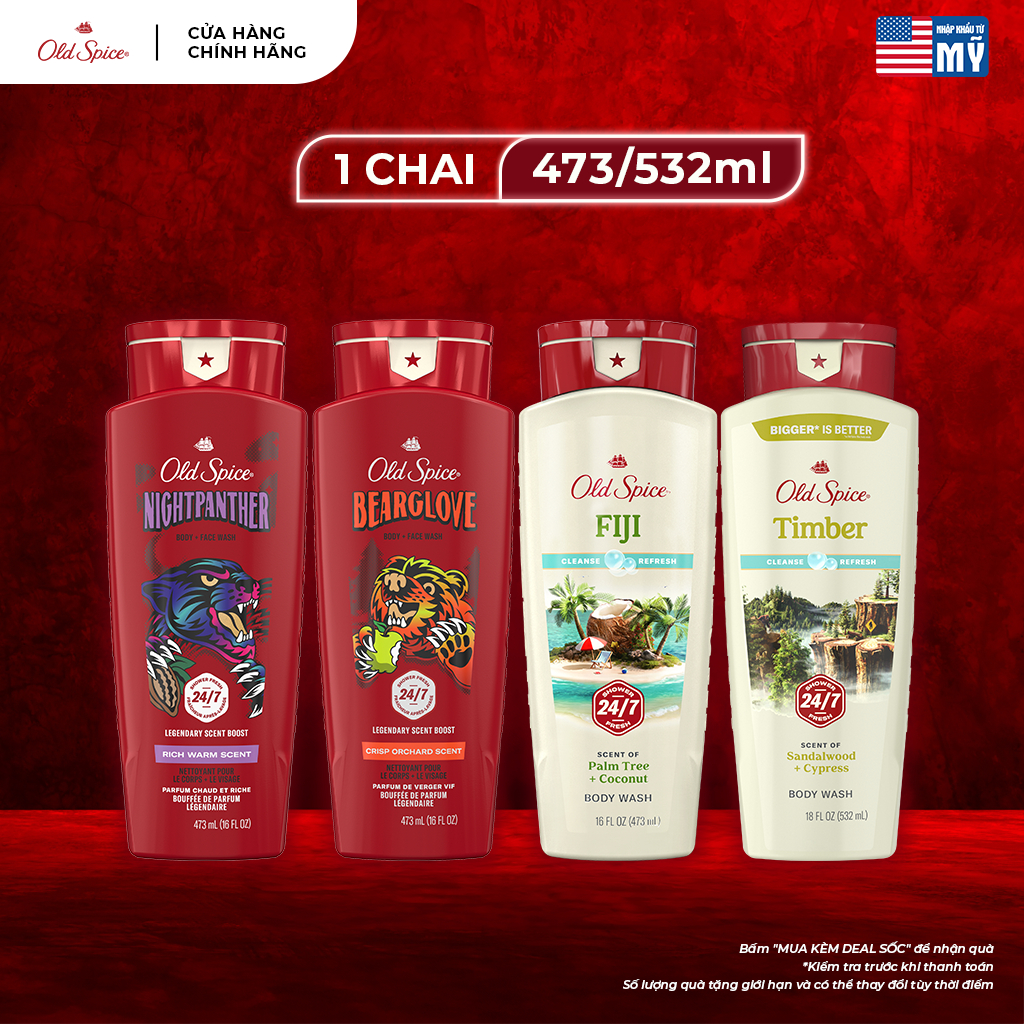 Sữa Tắm OLD SPICE 473/532ml dạng gel cho nam hương nước hoa tích hợp sữa rửa mặt thơm lâu 24/7 nhiều mùi hương - Mỹ