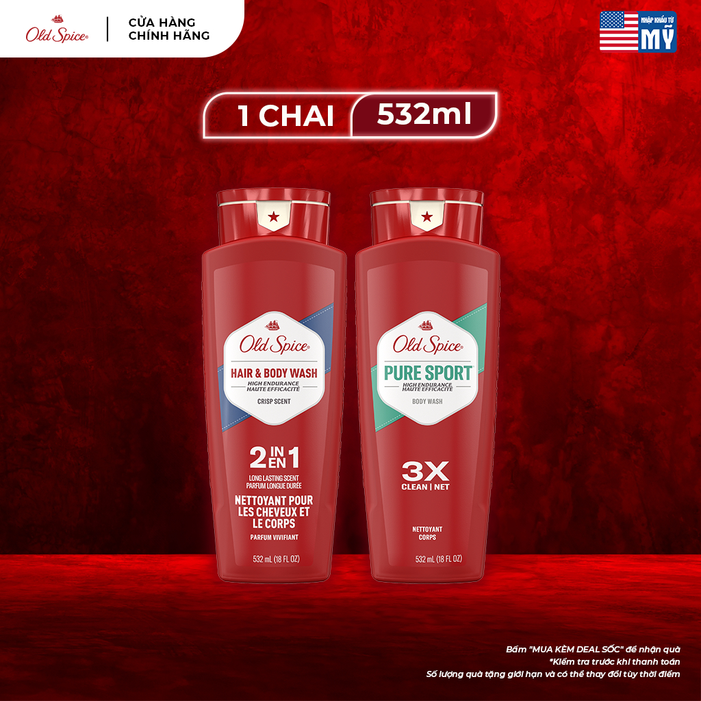 Sữa Tắm, Tắm Gội 2in1 OLD SPICE 532ml dạng gel cho nam, sảng khoái, thơm lâu 24/7 nhiều mùi hương - Mỹ