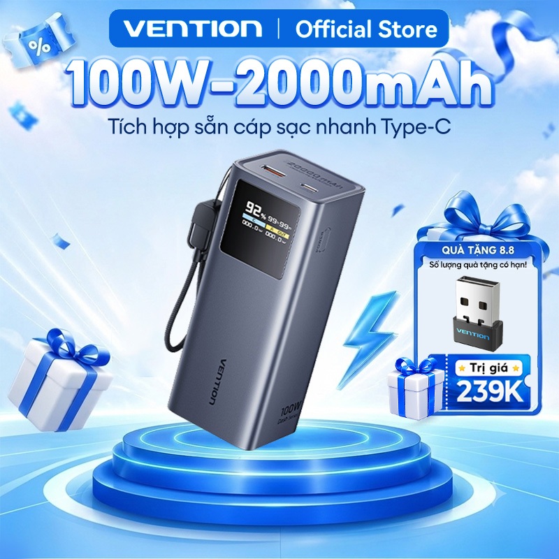 Pin Sạc Dự Phòng 20000mAh 100W Vention, Sạc Nhanh PD Cho Điện Thoại Laptop MatBook, Màn Hình TFT, Sẵn Cáp Sạc USB-C