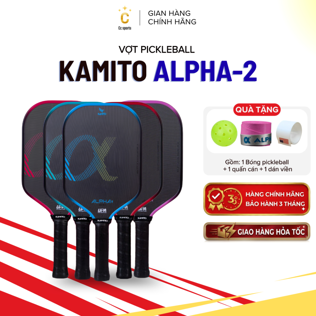 Vợt Pickleball Kamito Alpha 2, Chất liệu Carbon Toray tăng độ nhám bám bóng, kiểm soát bóng hiệu quả