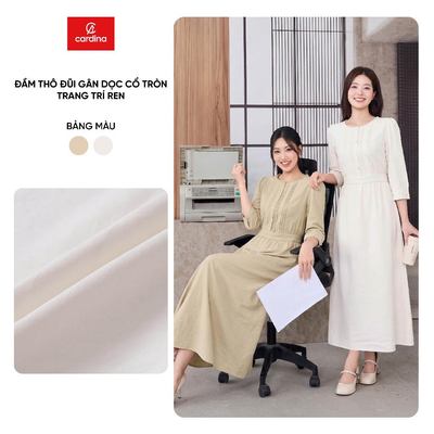 Đầm nữ CARDINA chất liệu thô đũi gân dọc cổ tròn trang trí ren 6VXD09