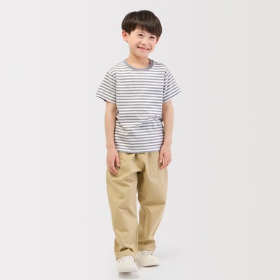 [26AW] MUJI Áo Thun Cotton Cổ Tròn Sọc Tay Ngắn-Trẻ Em