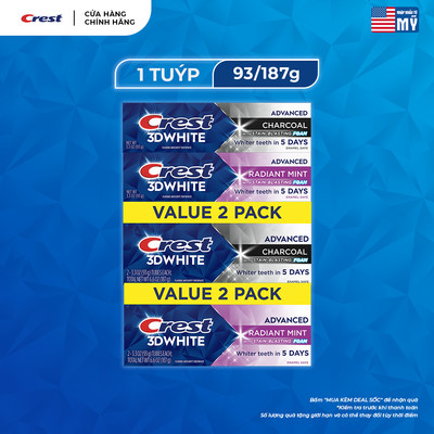Kem đánh trắng răng Crest 3D White Advanced 93/187g trắng sáng vượt trội , sạch sâu, thơm lâu (hộp đơn/hộp đôi) - Mỹ