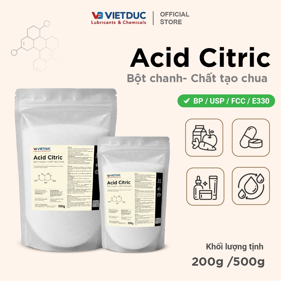 Acid Citric Tinh Khiết | Axit Citric Khử Cặn, Điều Chỉnh pH, Phụ Gia Thực Phẩm E330 (200g / 500g)