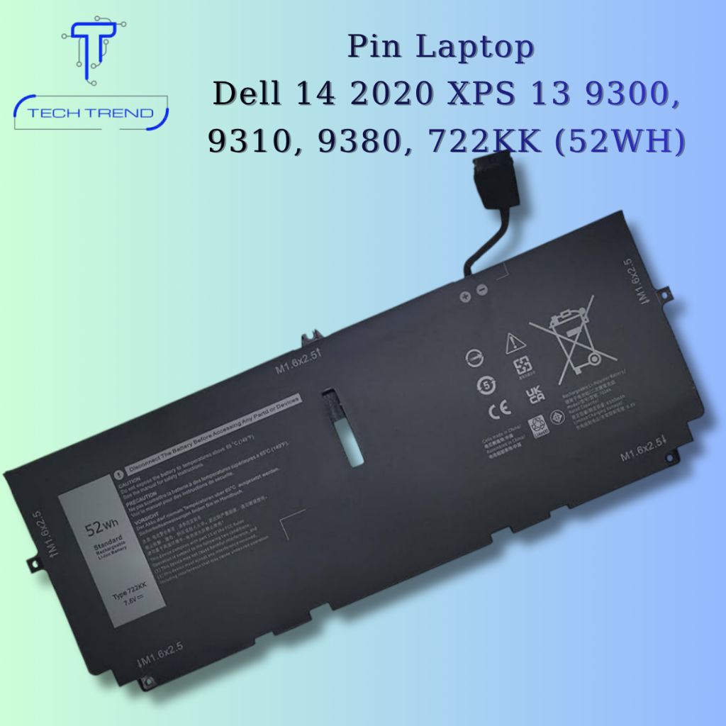 Pin laptop tương thích Dell 14 2020 XPS 13 9300, 9310, 9380, 722KK (52WH) NEW ZIN logo