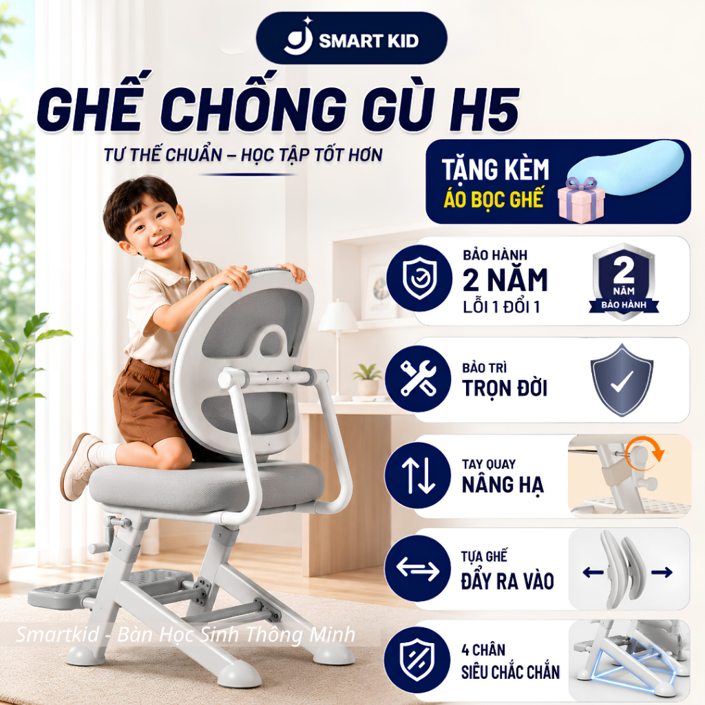 Ghế học sinh H5 SmartKid – Ghế công thái học cho bé, nâng hạ chiều cao tay quay, tựa lưng lưới thoáng khí