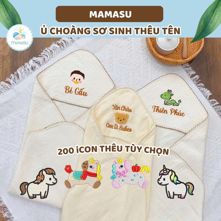 (THÊU TÊN) Ủ Choàng Xô Hàn Cho Bé Sơ Sinh Thêu Tên Theo Yêu Cầu Chăn Choàng Ủ Xô Muslin Có Mũ