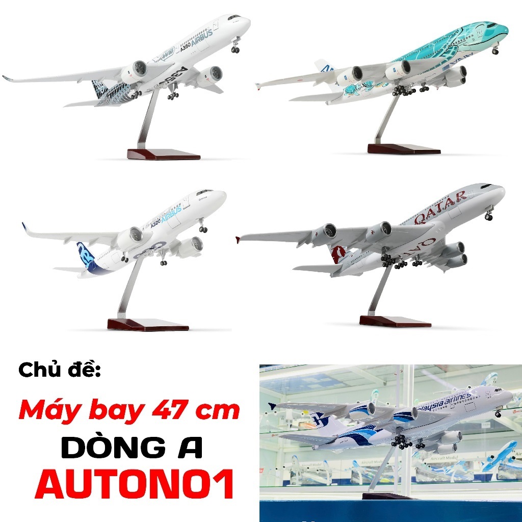 Mô hình máy bay trưng bày có đế và bánh tháo rời 47cm dòng A A320 A330 A350 A380 không đèn MB47