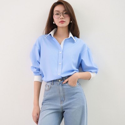 Áo sơ mi sọc nữ GILLEE phối cổ và tay áo trắng, dáng oversized, sơ mi form rộng vải kate lụa FAS353