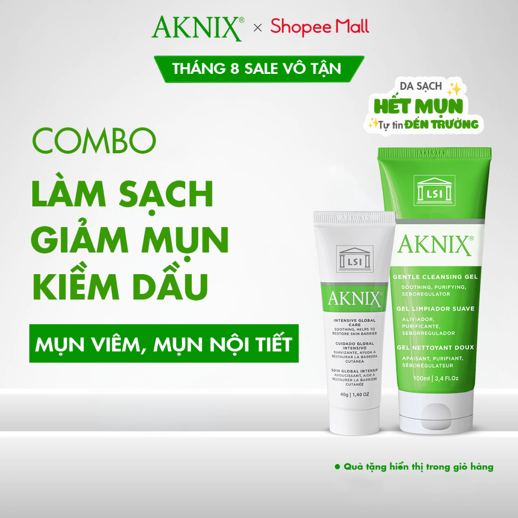 Combo Kem Mụn Aknix Global 40g, Sữa Rửa Mặt Aknix Gentle 100ml, 250ml Cho Da Nhạy Cảm, Mụn Viêm, Mụn