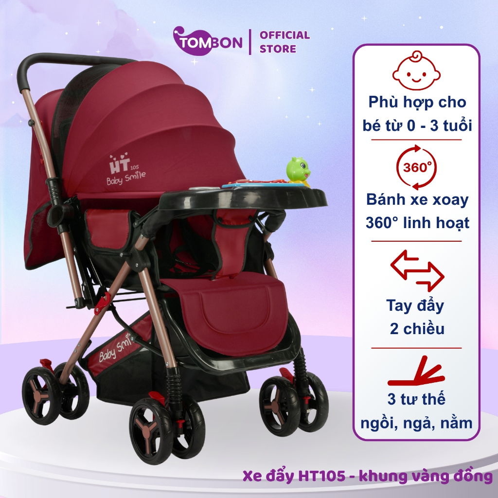 Xe đẩy gấp gọn cho bé HT105 thiết kế đẩy 2 chiều, 3 tư thế ngồi, ngả, nằm khung vàng đồng cho bé từ sơ sinh