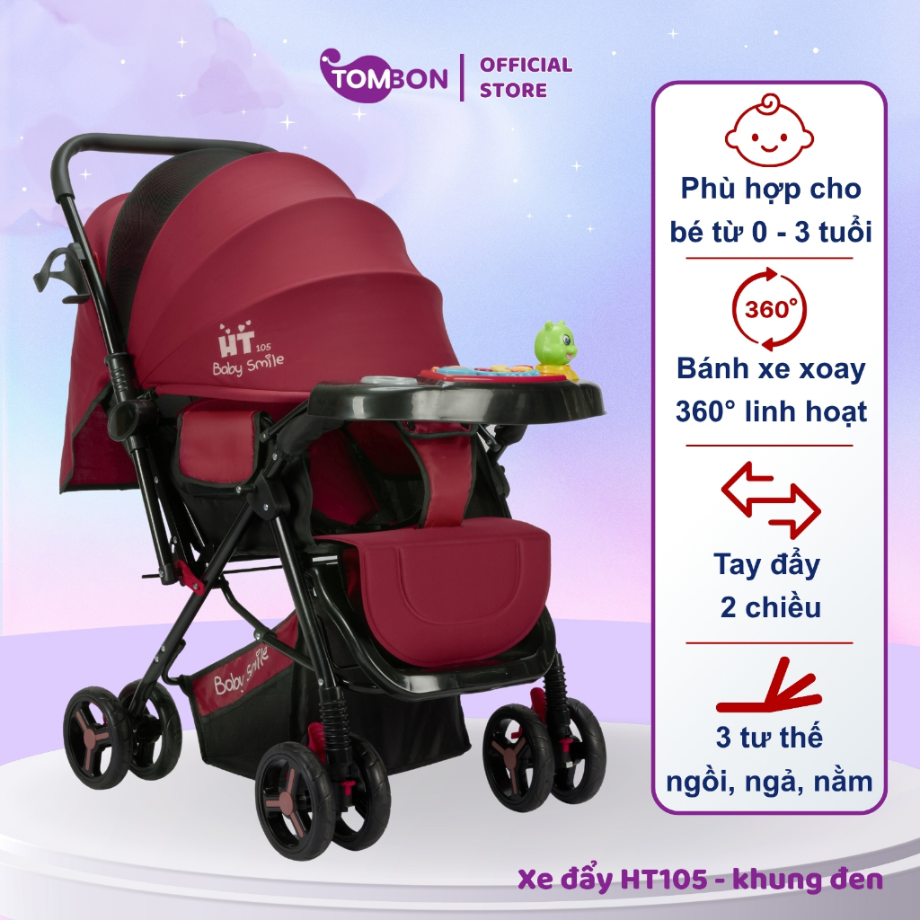 Xe đẩy gấp gọn cho bé HT105 thiết kế đẩy 2 chiều, 3 tư thế ngồi, ngả, nằm cho bé từ sơ sinh khung đen