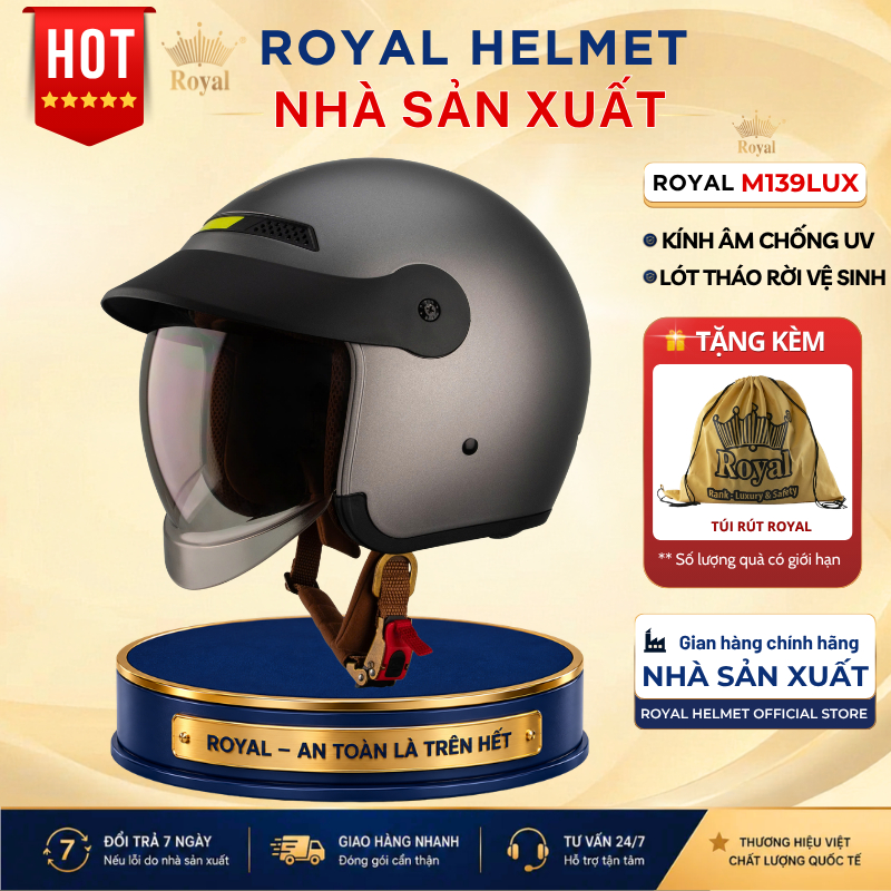 Mũ Bảo Hiểm 3/4 Royal M139 Luxury Chính Hãng  Kính Âm Dài Có Lưỡi Trai Che Nắng Chống UV - Nón Bảo H