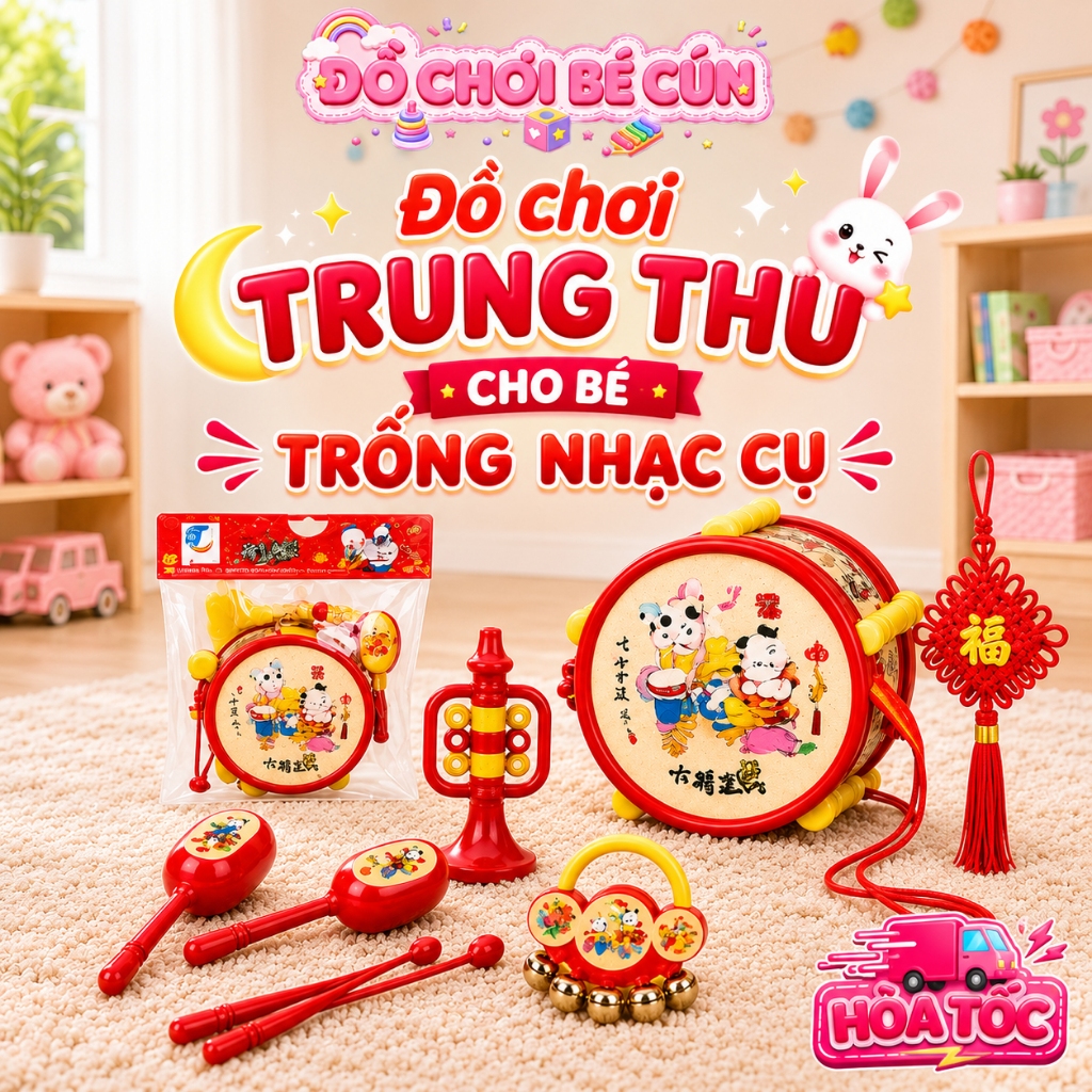 Bộ Đồ Chơi Trống Kèn Lục Lạc Cho Bé Chủ Đề Tết Trung Thu Thiếu Nhi, Đồ Chơi Giáo Dục Kỹ Năng Sớm Cho Bé Từ 6 Tháng Tuổi