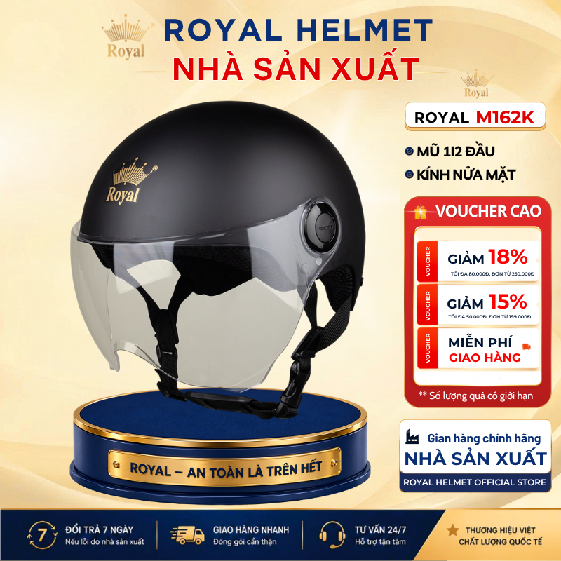 Mũ Bảo Hiểm Nửa Đầu Royal Helmet Chính Hãng M162K  Có Kính Chắn Gió Nam Nữ Bảo Hành 12 Tháng