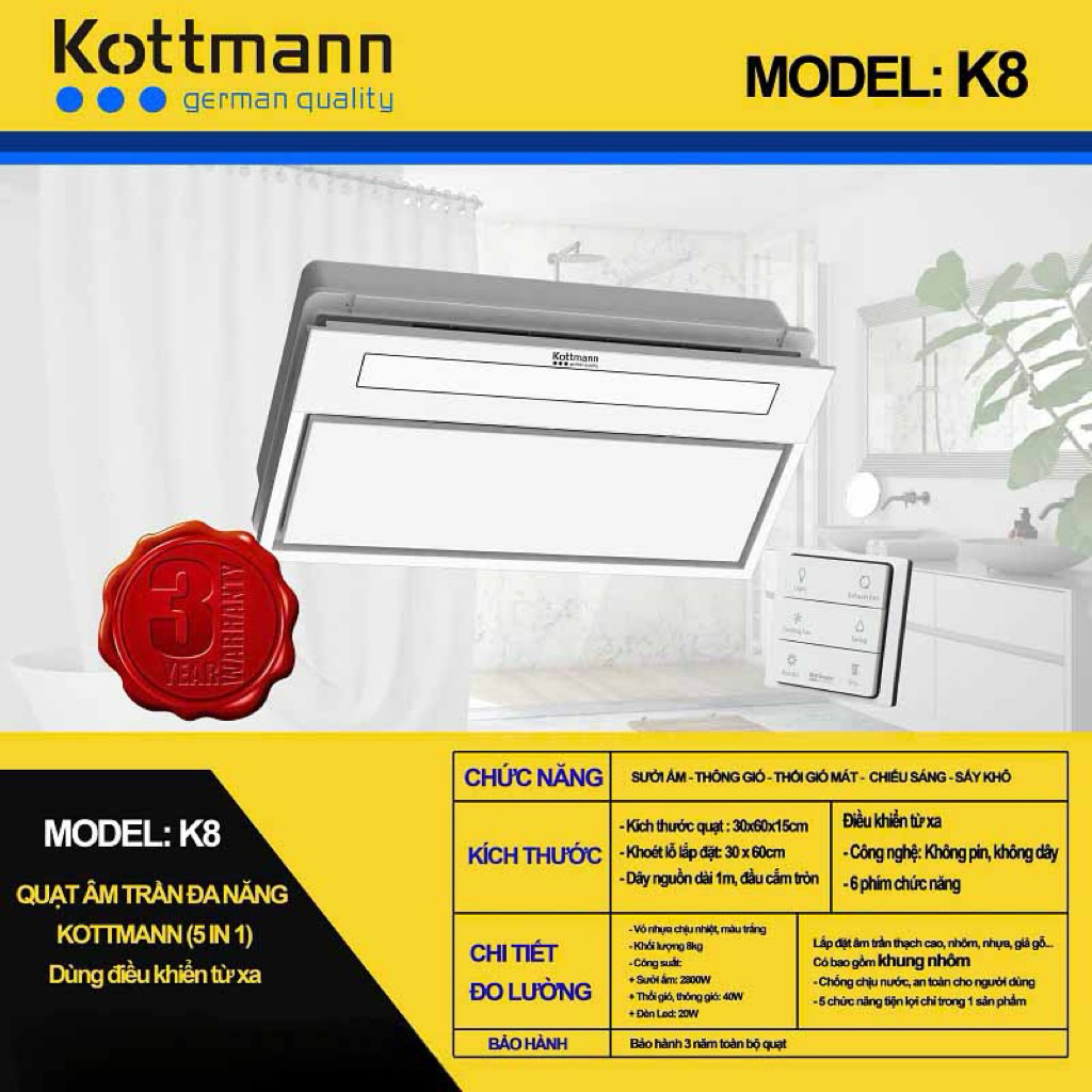 Quạt âm trần đa năng Kottmann K8 (5in1) Dùng điều khiển