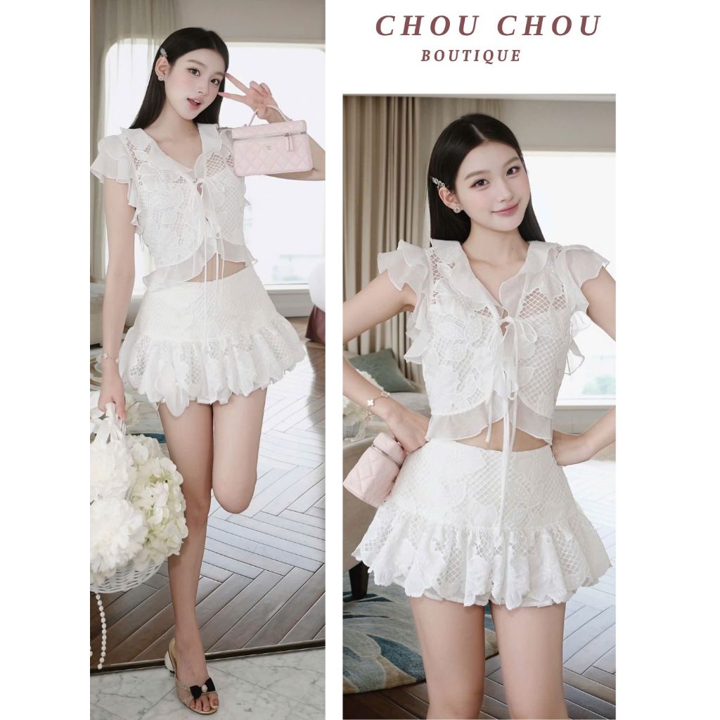 Set Áo Ren Lưới Áo Thắt Nơ Chuẩn CHOUCHOU Chân Váy Ngắn Xòe Bồng