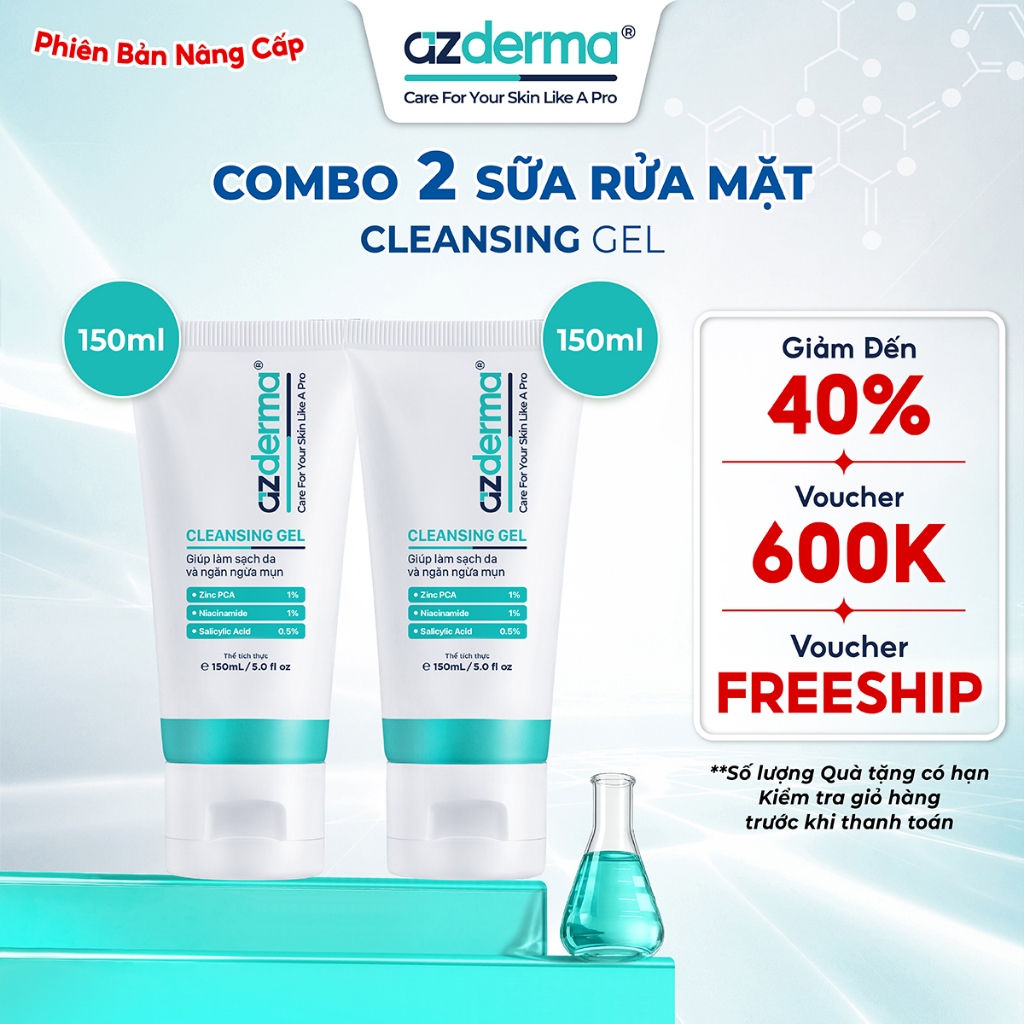 Combo 2 Sữa Rửa Mặt Cho Da Dầu Mụn Cleansing Gel Azderma 150ml
