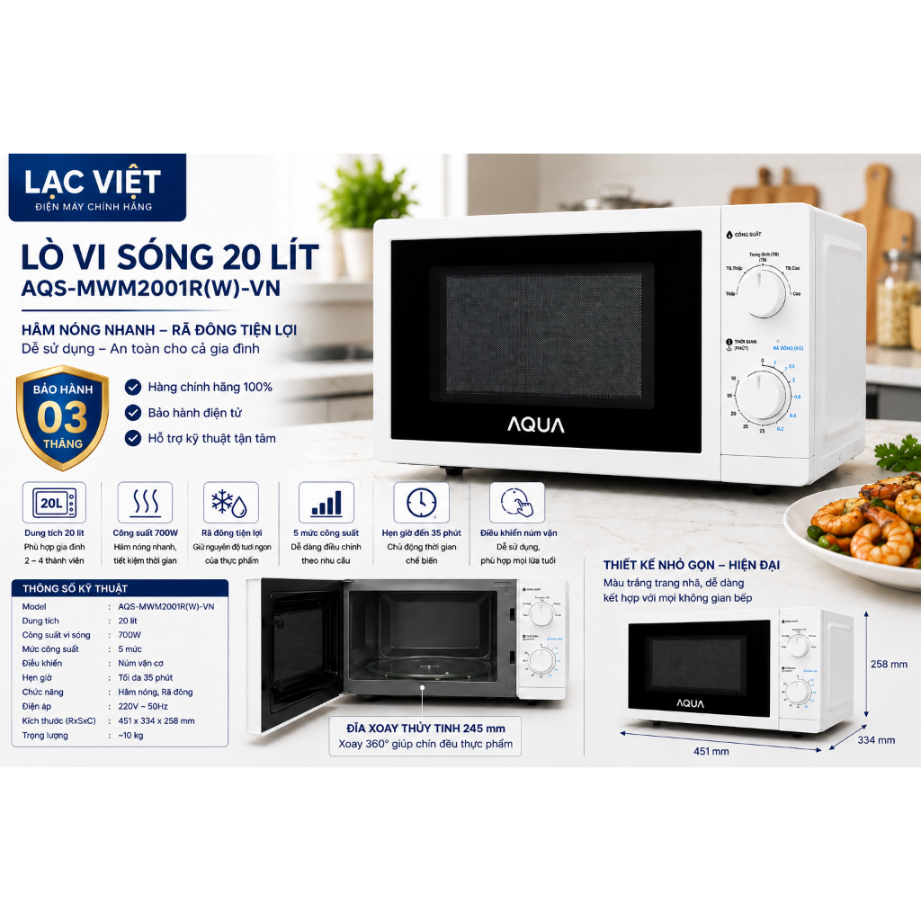 Lò vi sóng AQUA - Lacviet 20 lít AQS-MWM2001R(W)-VN – Hâm nóng nhanh, rã đông tiện lợi, dễ sử dụng
