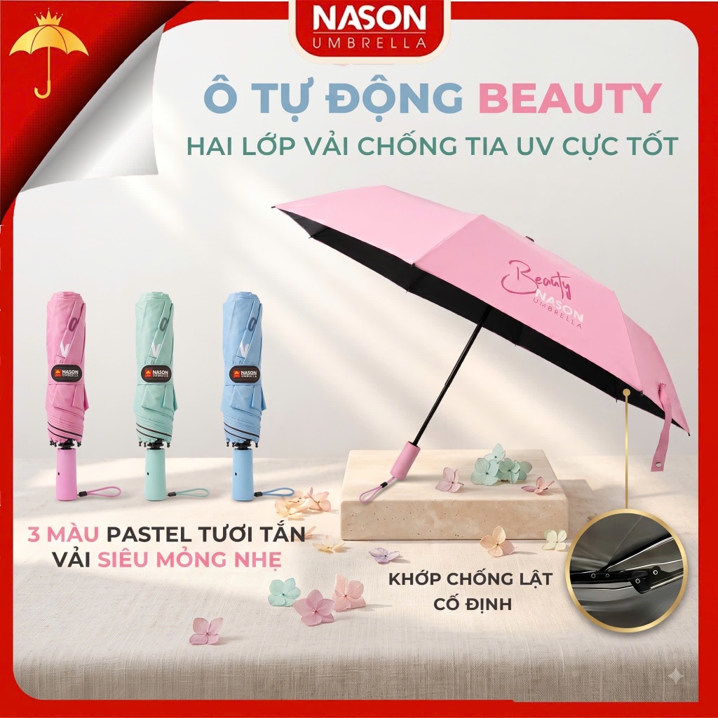 Ô dù che mưa che nắng tự động 2 chiều Nason Beauty Umbrella, chống nắng ngăn 99% UV, chống thấm nước