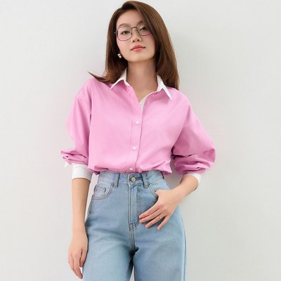 Áo sơ mi sọc nữ GILLEE phối cổ và tay áo trắng, dáng oversized, sơ mi form rộng vải kate lụa FAS352