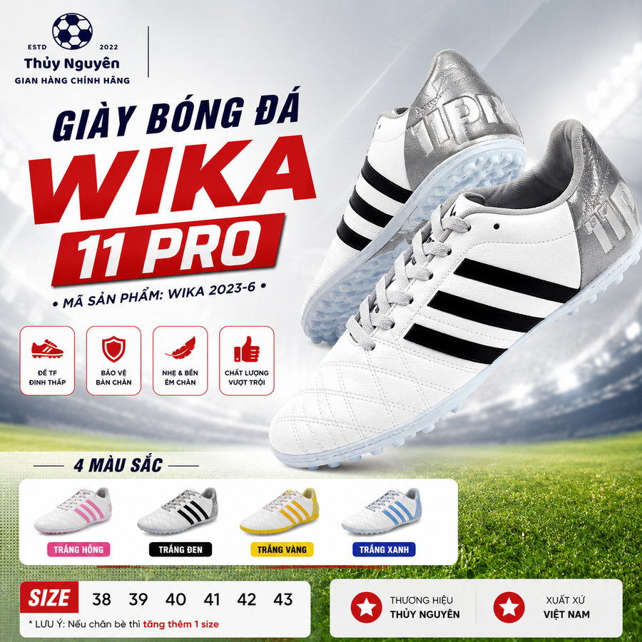 Giày Bóng Đá Wika 11 Pro Chính Hãng Wika, Giày Đá Banh Chất Liệu Da Nhăn Nhẹ Ôm Chân Giày Mang Bền B