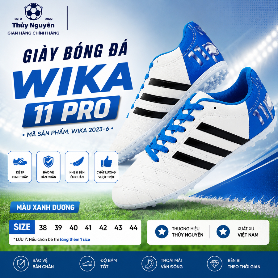 Giày Đá Bóng Wika Toni Kross 11 Pro Chính Hãng, Giày Đá Banh Wika 3 Sọc, Chất Liệu Da PU Mang Êm Châ