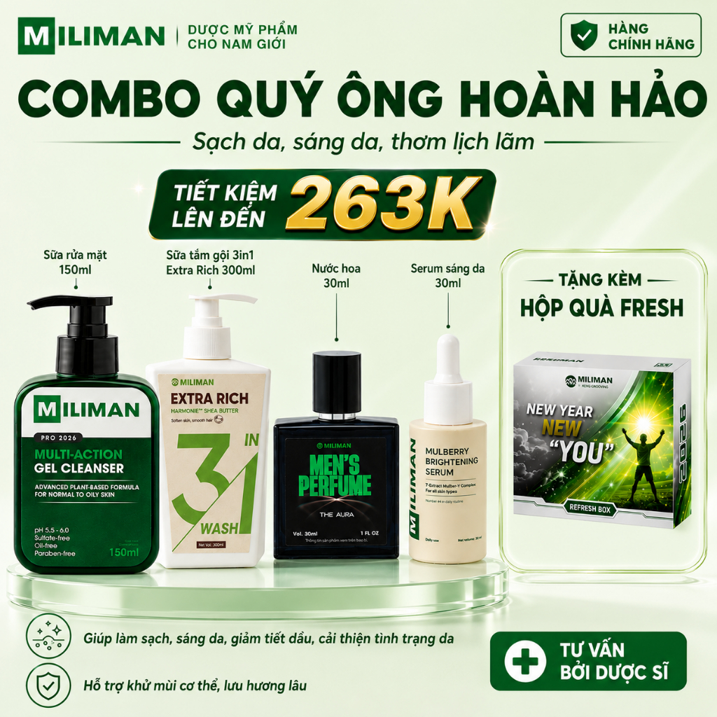 Combo Quý Ông Hoàn Hảo MILIMAN Gồm Sữa Rửa Mặt , Sữa Tắm Gội , Serum, Nước Hoa Nam Cao Cấp, Giúp Sạc