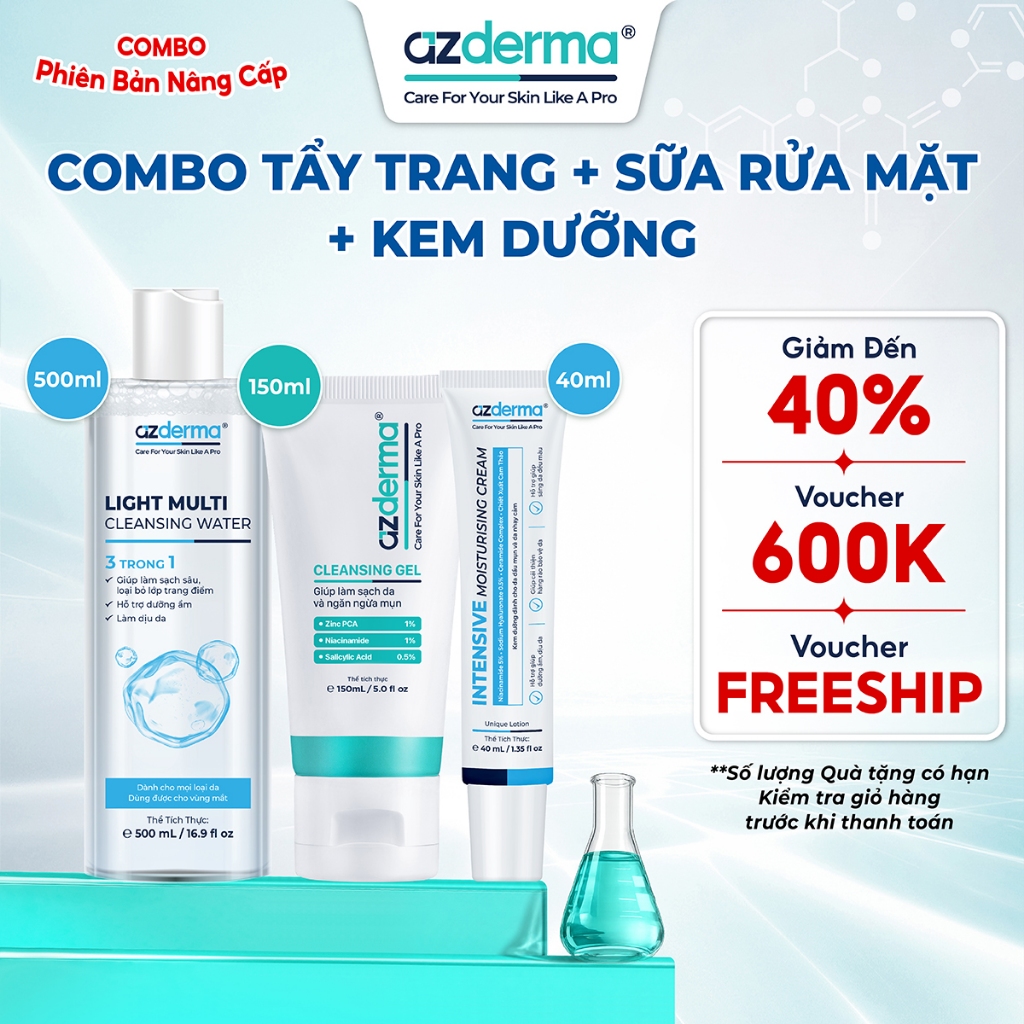 Combo Làm Sạch và Dưỡng Ẩm, sữa rửa mặt Cleansing Gel 150ml, nước tẩy trang 500ml và kem dưỡng ẩm  A