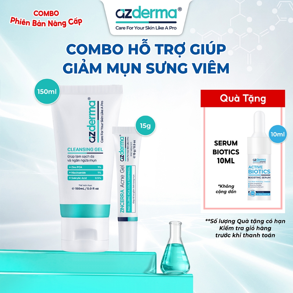 Combo Hỗ Trợ Giúp Giảm Mụn Sưng Viêm Azderma Zincerra Acne Gel 15g, Cleansing Gel Azderma 150ml