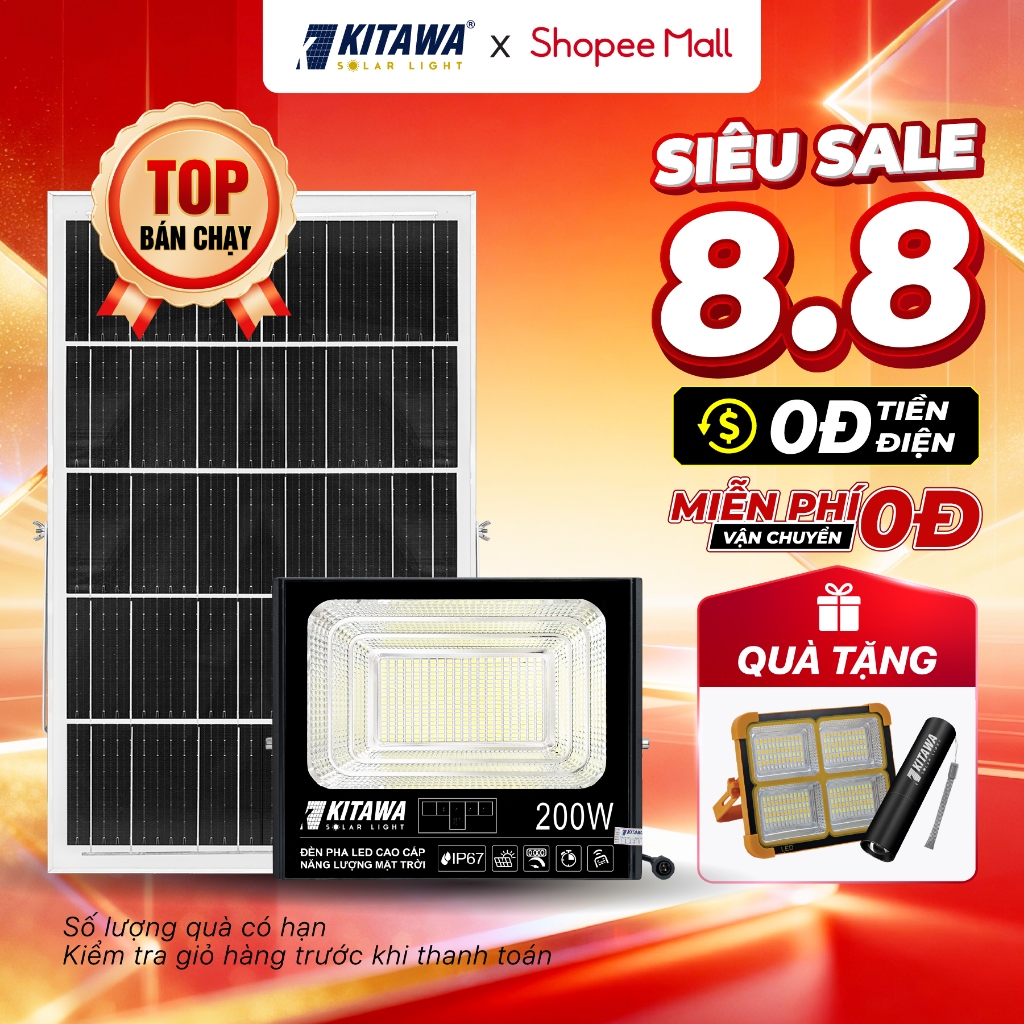 Đèn Pha Năng Lượng Mặt Trời Kitawa 200W DP1200, Bảo Hành 3 Năm, Chống Nước Chống Bụi IP67