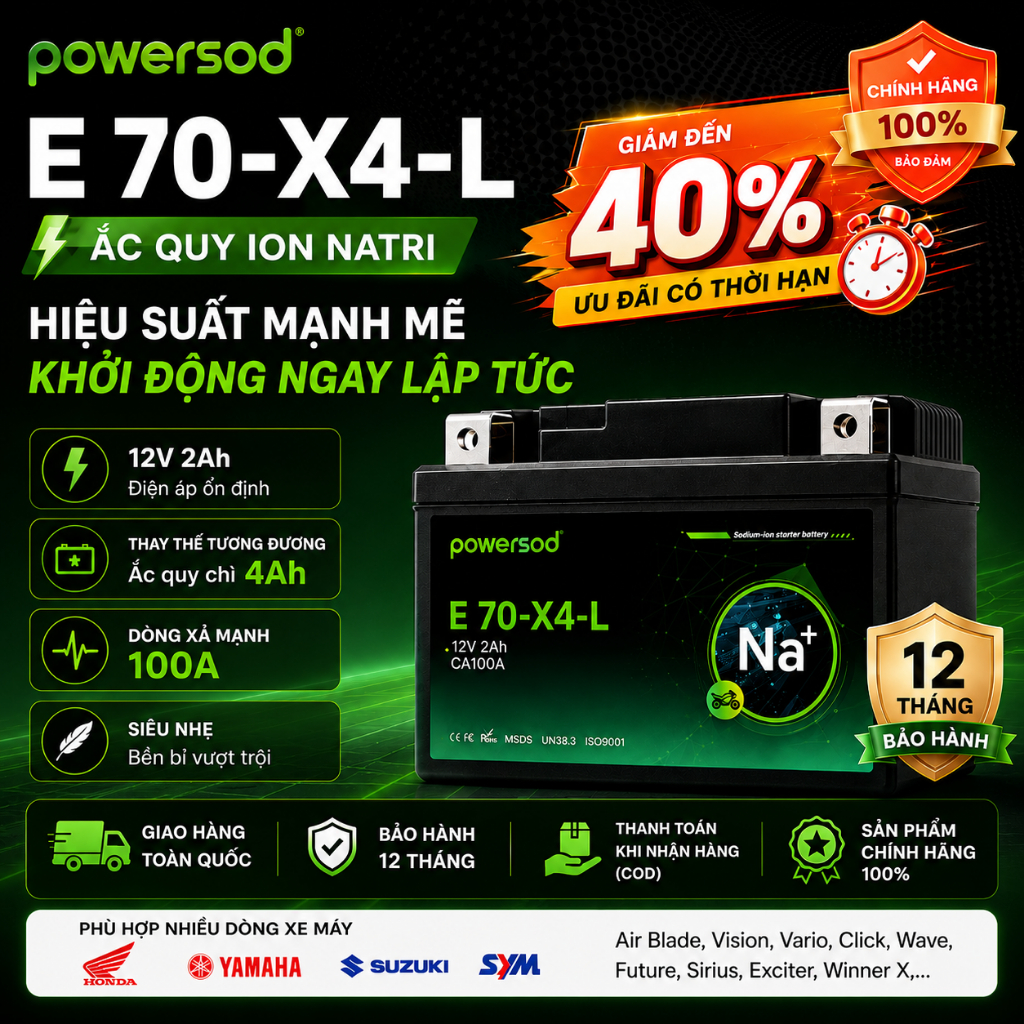 Bình ắc quy xe máy ion natri Powersod E70-X4-L dùng cho Air blade, Wave, Future, Vision, Click, Siri