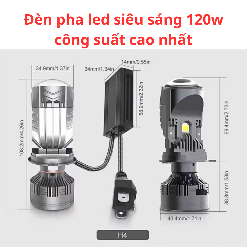 Đèn pha led bi cầu mini m01u chân h4 công suất cao 120w lắp xe máy ô tô bảo hành 1 năm