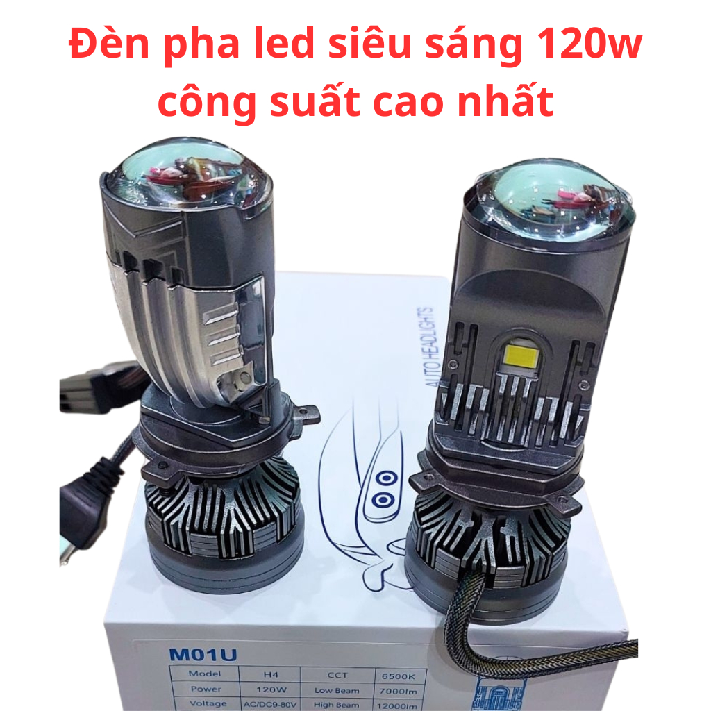 đèn led bi cầu m01u h4 120w tăng sáng mạnh lắp zin xe máy ô tô bảo hành 1 năm