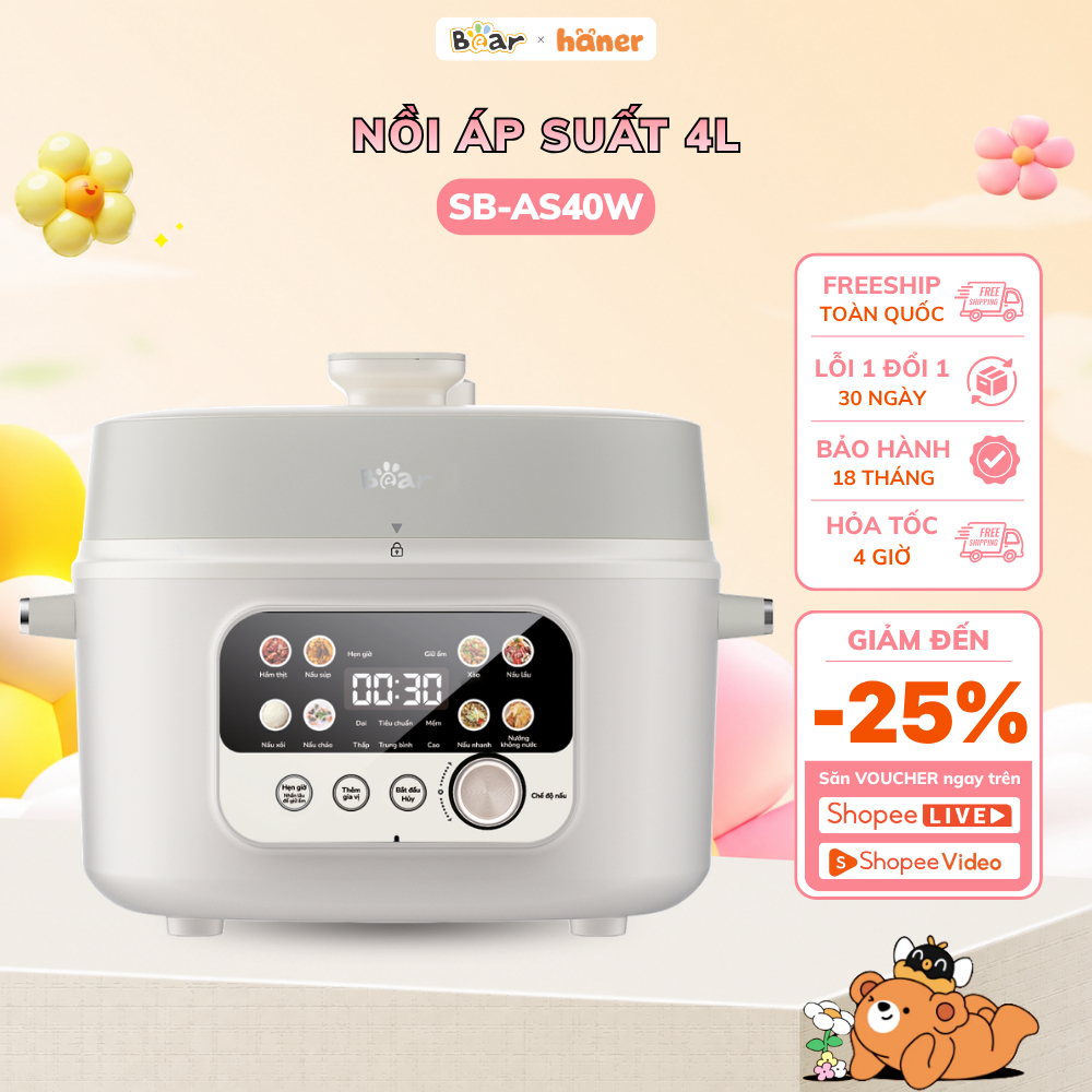 Nồi Áp Suất 4L Bear 8 Chế Độ Đa Năng Ninh Hầm Lẩu Nướng Sôi Nhanh Chống Dính Dễ Vệ Sinh SB-AS40W