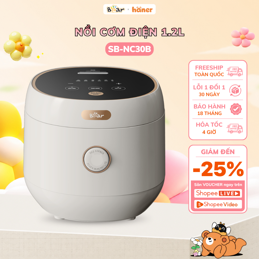 Nồi Cơm Điện Bear Lòng Nồi 1.2L Nấu Cơm Cháo Hầm Hấp Hâm Nóng Hẹn Giờ Đa Năng SB-NC30B
