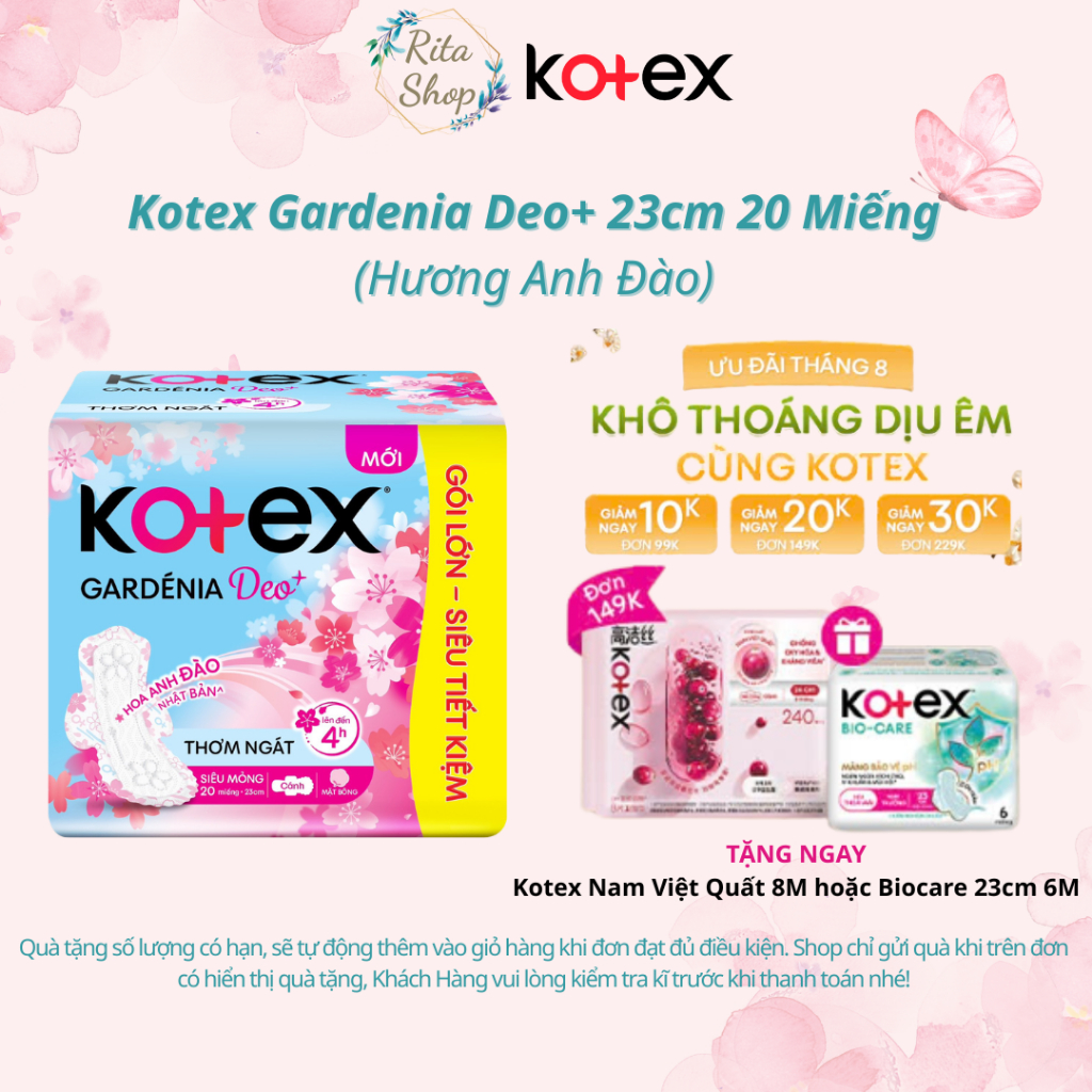 Băng Vệ Sinh Kotex Gardenia Deo+ - Hoa Anh Đào Siêu Mỏng Cánh 23cm 20 Miếng