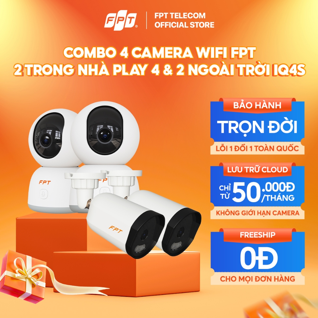 Combo 4 Camera Wifi FPT Trong Nhà Play 4 & Ngoài Trời IQ4S Toàn Diện - Lưu Cloud Bảo Mật, Cảnh báo T