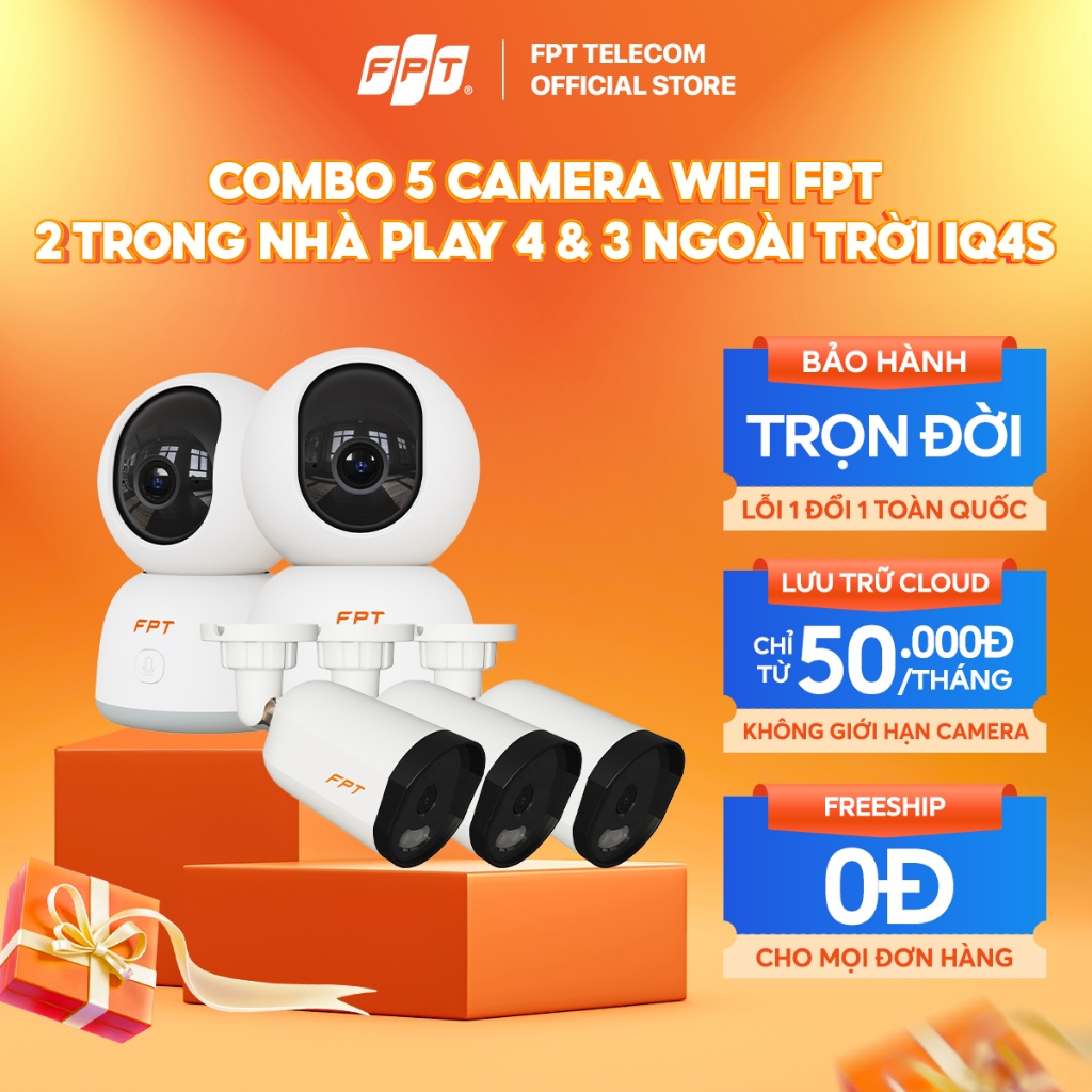 Combo 5 Camera Wifi FPT Trong Nhà Play 4 & Ngoài Trời IQ4S Toàn Diện - Lưu Cloud Bảo Mật, Cảnh báo T