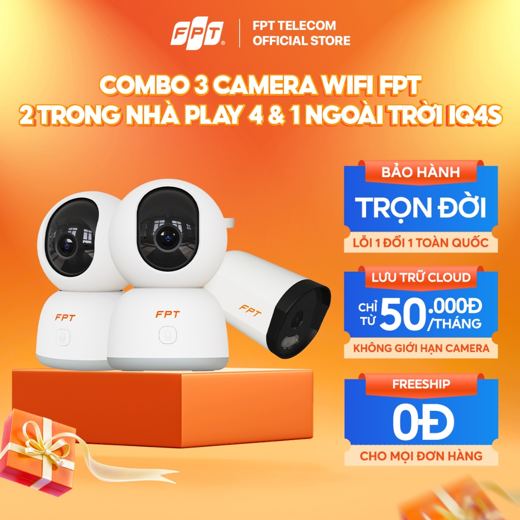 Combo 3 Camera Wifi FPT Trong Nhà Play 4 & Ngoài Trời IQ4S Toàn Diện - Lưu Cloud Bảo Mật, Cảnh báo T